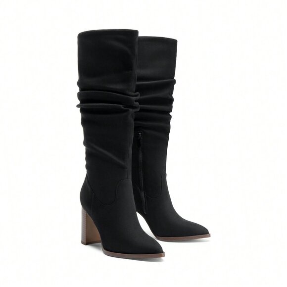 Black Elegant Women's Knee-High Pointed Toe Chunky Block Heel Suede With Side Zi - Picture 7 of 10